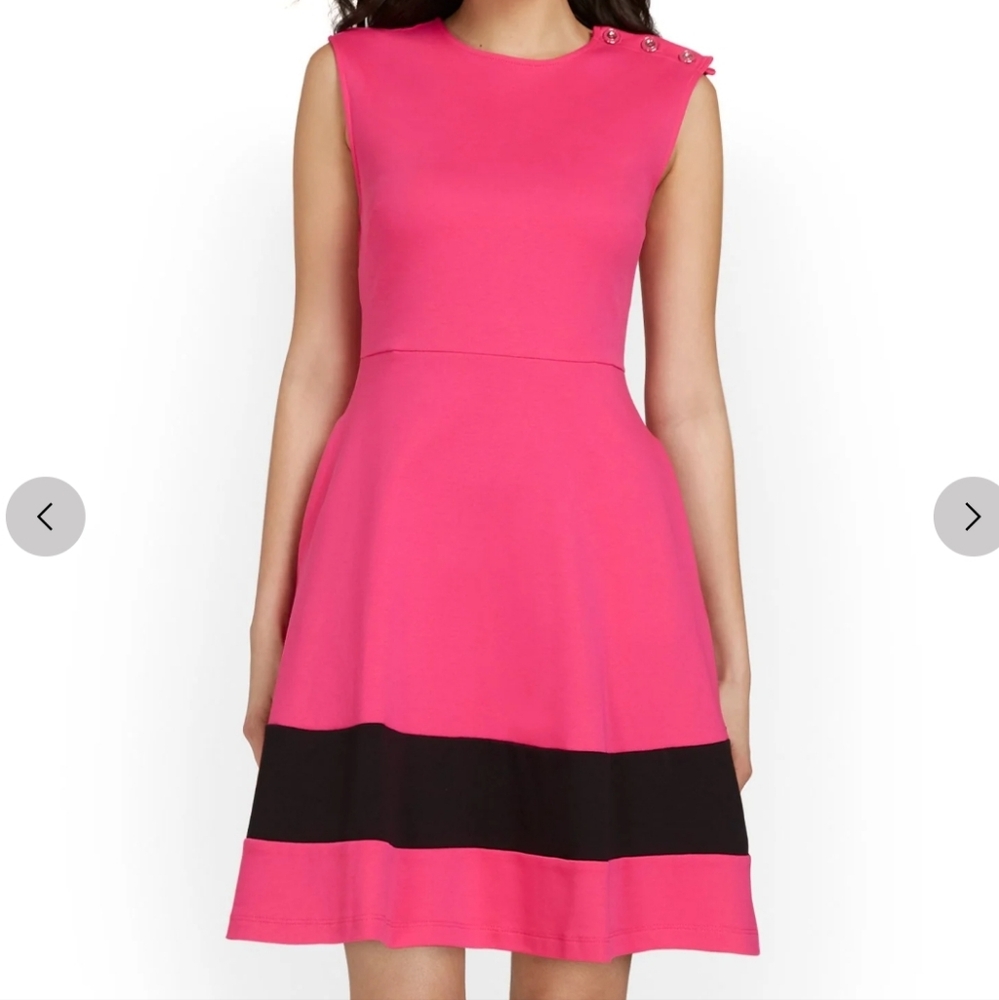 NWT NY & C Contrast Stripe Shoulder-Button Flare Pink and Black Sleeveless Dress - Picture 2 of 8